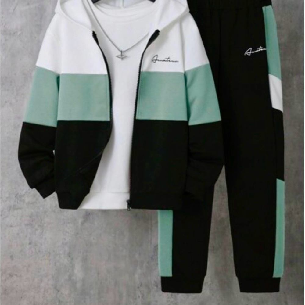 Kids Matching Hoodie and Joggers (Tracksuit) Set in Black, White, and Green